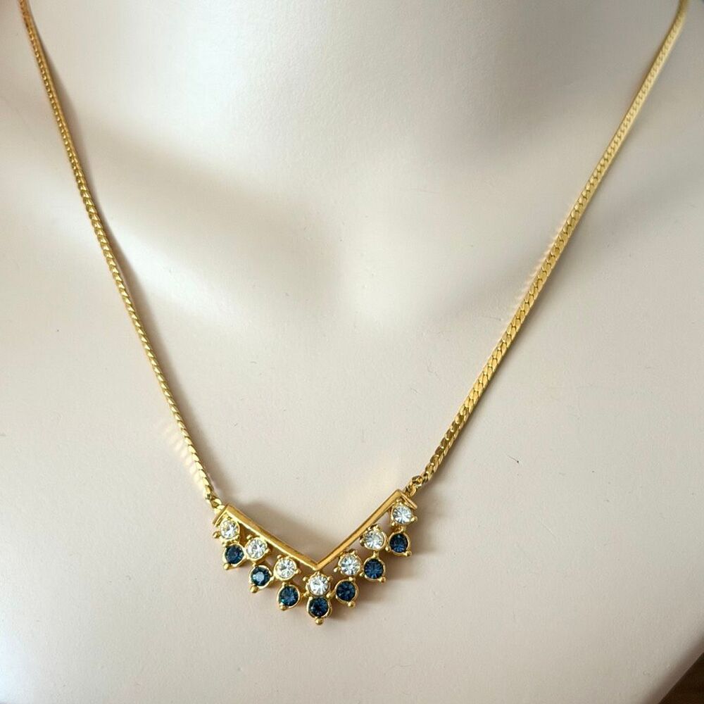 Vintage Gold-Tone V-Shape Necklace with Blue & Clear Rhinestones